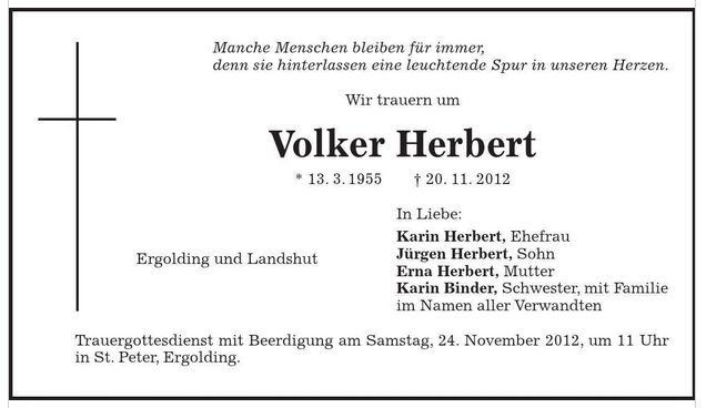 Herbert Volker 1955-2012 Todesanzeige